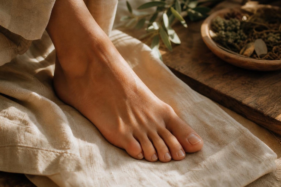 Pied nu reposant sur un tissu lin naturel dans une lumière douce
