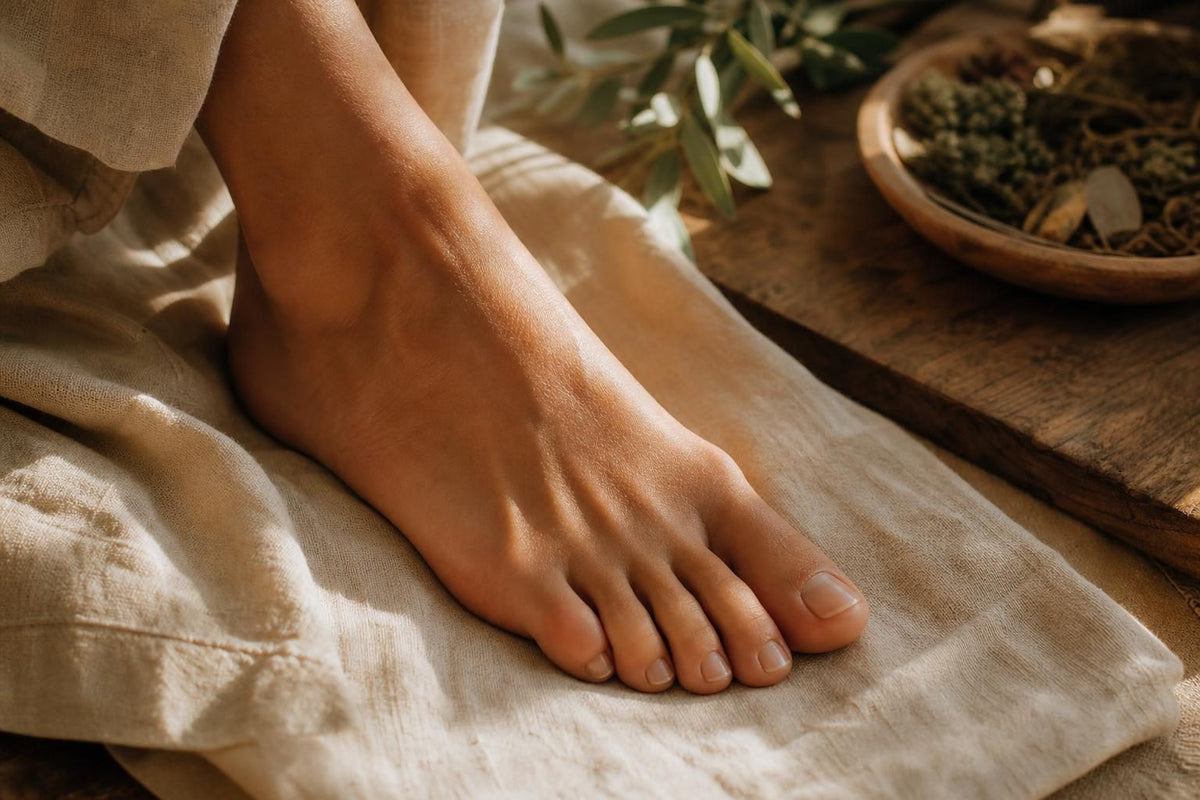Pied nu reposant sur un tissu lin naturel dans une lumière douce