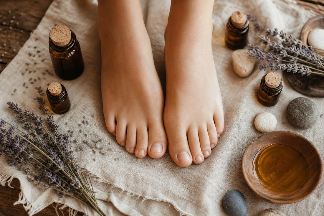 Pieds nus entourés de flacons d'huiles essentielles et matières naturelles