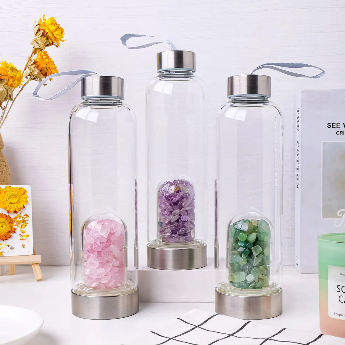 Gourde en Verre avec Pierres Naturelles